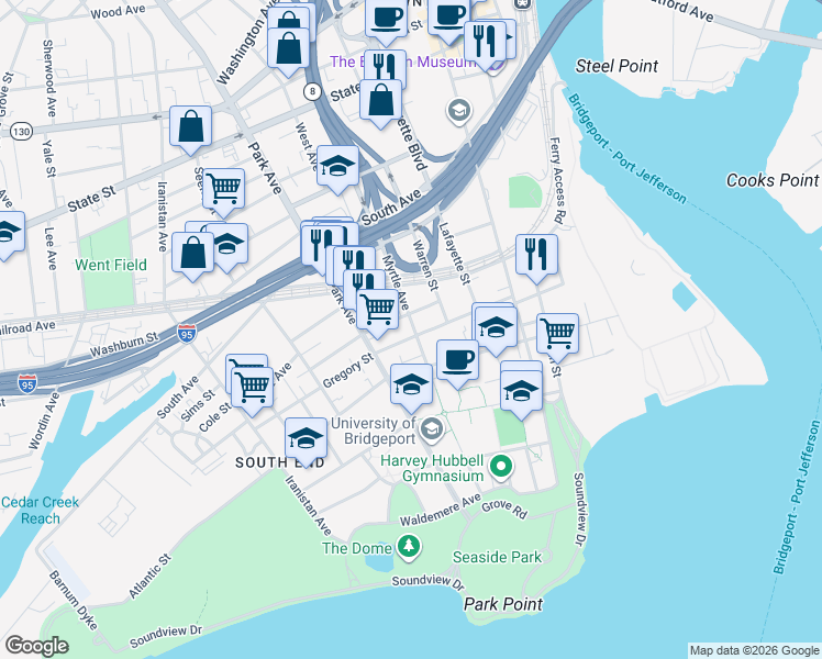 map of restaurants, bars, coffee shops, grocery stores, and more near 381 Myrtle Avenue in Bridgeport