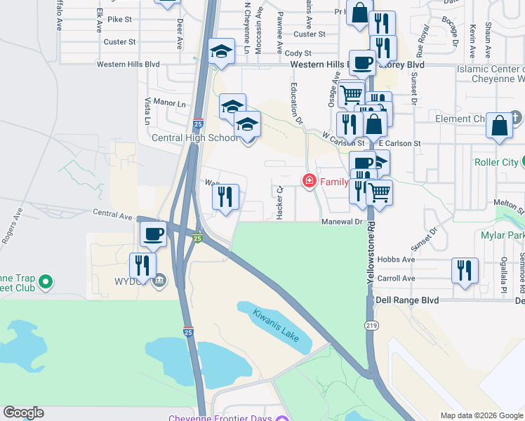 map of restaurants, bars, coffee shops, grocery stores, and more near 460A Manewal Drive in Cheyenne