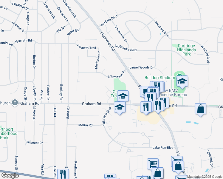 map of restaurants, bars, coffee shops, grocery stores, and more near 2871 Graham Road in Stow