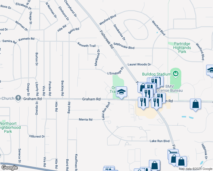 map of restaurants, bars, coffee shops, grocery stores, and more near 2871 Graham Road in Stow