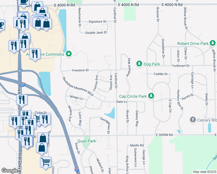 map of restaurants, bars, coffee shops, grocery stores, and more near 1526 Girard Avenue in Bourbonnais