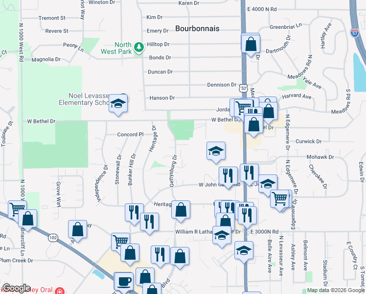 map of restaurants, bars, coffee shops, grocery stores, and more near 842 Gettysburg Drive in Bourbonnais