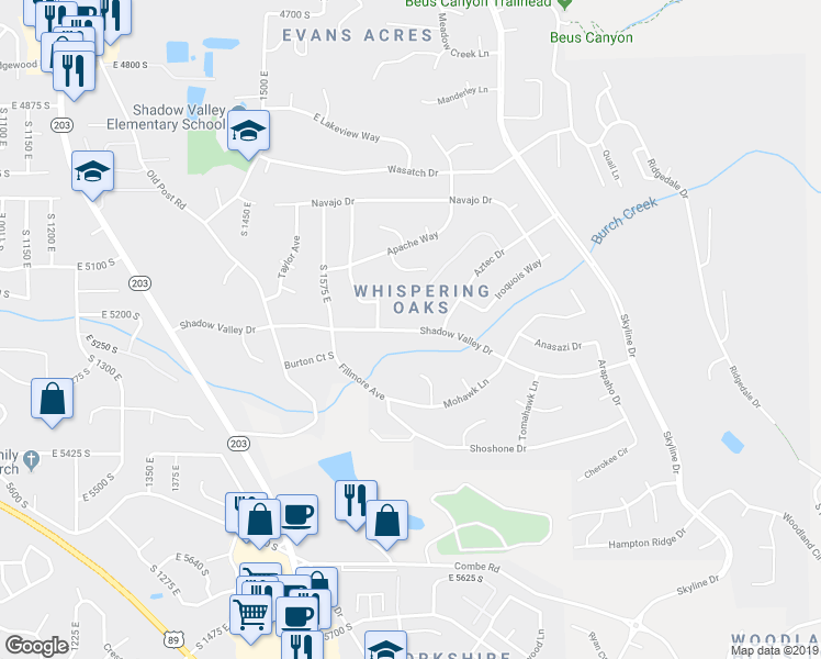 map of restaurants, bars, coffee shops, grocery stores, and more near 1679 East 5225 South Street in Ogden