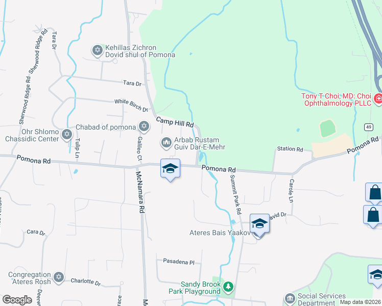 map of restaurants, bars, coffee shops, grocery stores, and more near 1 South Camp Hill Road in Pomona