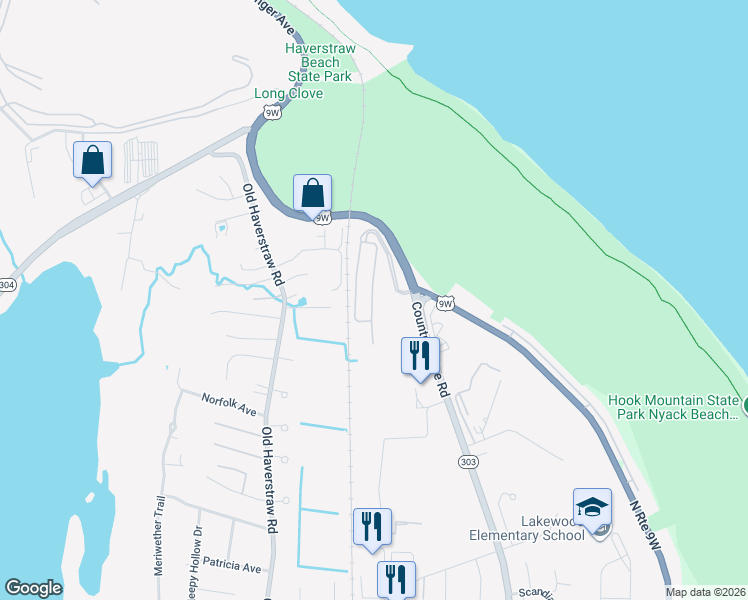 map of restaurants, bars, coffee shops, grocery stores, and more near 60 Leif Boulevard in Congers