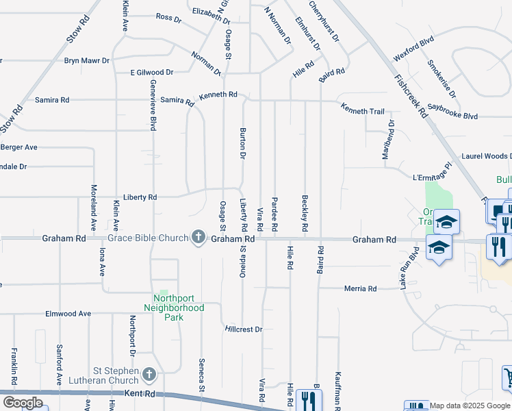 map of restaurants, bars, coffee shops, grocery stores, and more near 4054 Vira Road in Stow