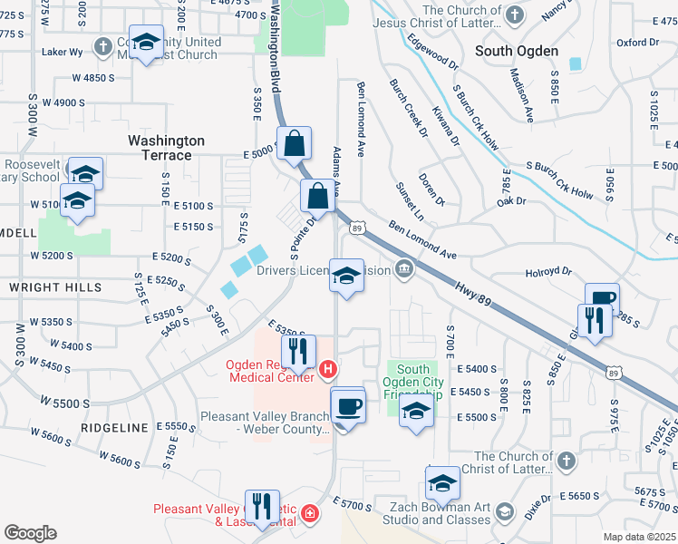 map of restaurants, bars, coffee shops, grocery stores, and more near East 5300 South in Ogden