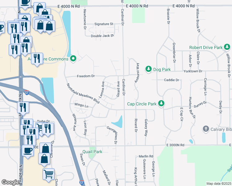 map of restaurants, bars, coffee shops, grocery stores, and more near 1557 Girard Avenue in Bourbonnais