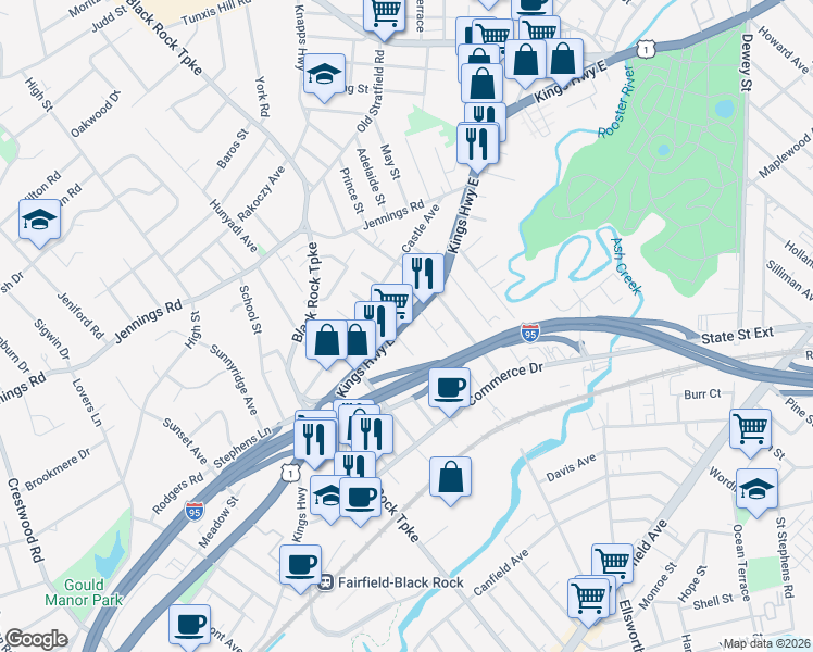 map of restaurants, bars, coffee shops, grocery stores, and more near 760 Kings Highway East in Fairfield