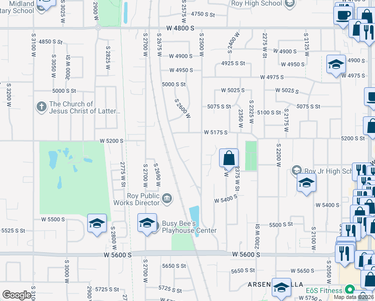 map of restaurants, bars, coffee shops, grocery stores, and more near 2565 West 5175 South in Roy