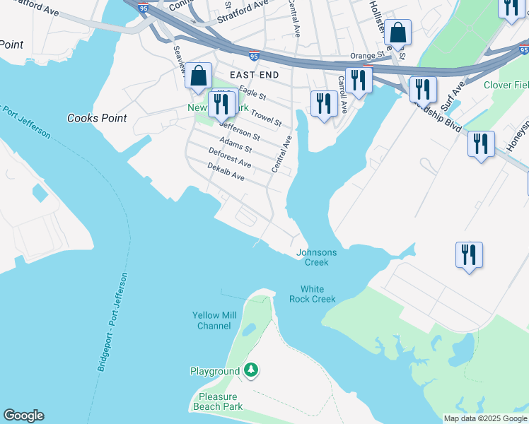 map of restaurants, bars, coffee shops, grocery stores, and more near 270 Dekalb Avenue in Bridgeport