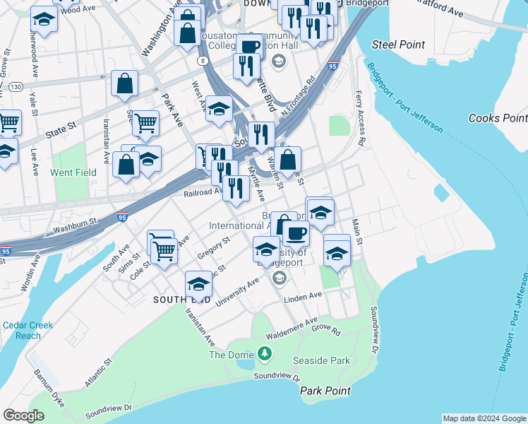 map of restaurants, bars, coffee shops, grocery stores, and more near 30 Austin Street in Bridgeport