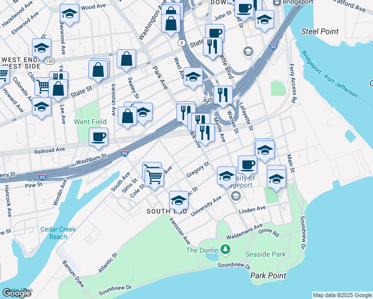 map of restaurants, bars, coffee shops, grocery stores, and more near 50 Johnson Street in Bridgeport