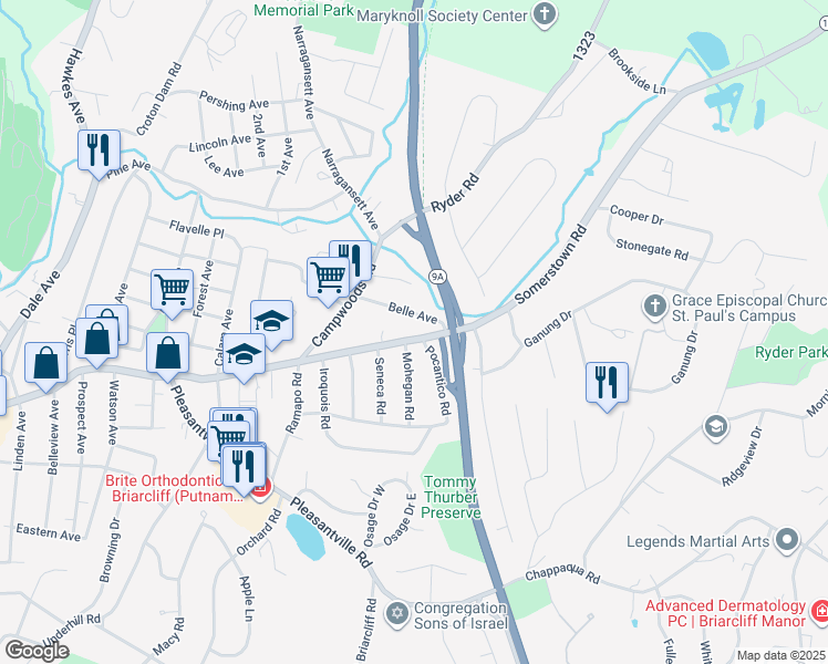 map of restaurants, bars, coffee shops, grocery stores, and more near 17 Belle Avenue in Ossining