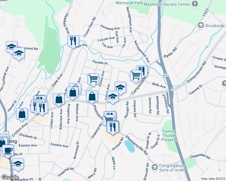 map of restaurants, bars, coffee shops, grocery stores, and more near 19 Stone Avenue in Ossining