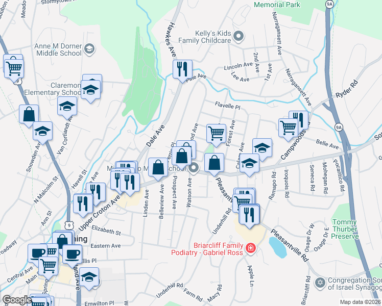 map of restaurants, bars, coffee shops, grocery stores, and more near 2 Marshall Place in Ossining