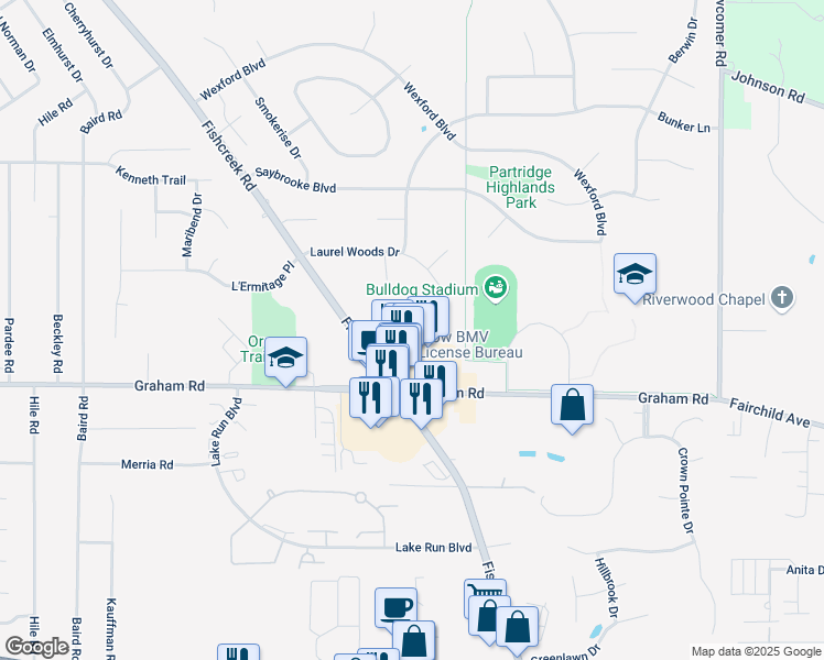 map of restaurants, bars, coffee shops, grocery stores, and more near 4179 Fishcreek Road in Stow
