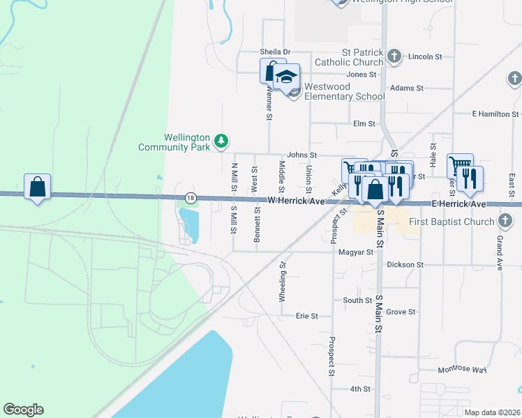 map of restaurants, bars, coffee shops, grocery stores, and more near 504 1/2 West Herrick Avenue in Wellington
