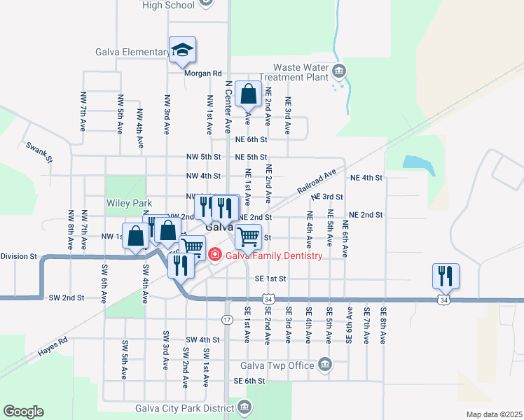 map of restaurants, bars, coffee shops, grocery stores, and more near 100-198 Northeast 3rd Street in Galva