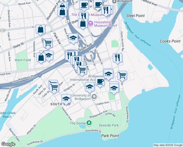 map of restaurants, bars, coffee shops, grocery stores, and more near 30 Austin Street in Bridgeport