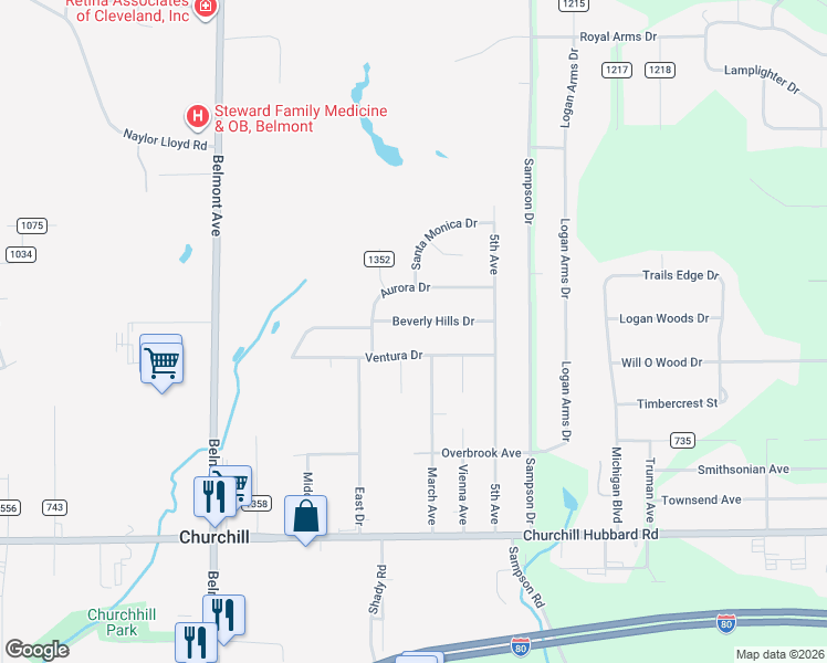map of restaurants, bars, coffee shops, grocery stores, and more near 598 Beverly Hills Drive in Youngstown