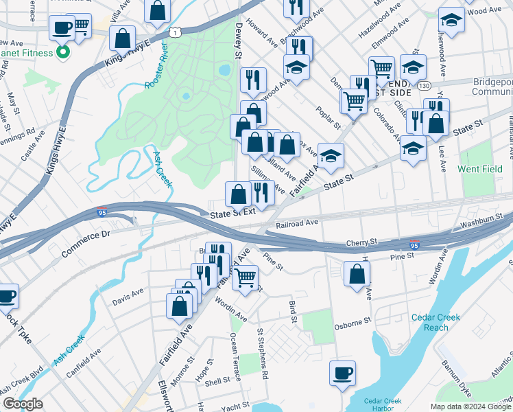 map of restaurants, bars, coffee shops, grocery stores, and more near 17 Bedford Avenue in Bridgeport