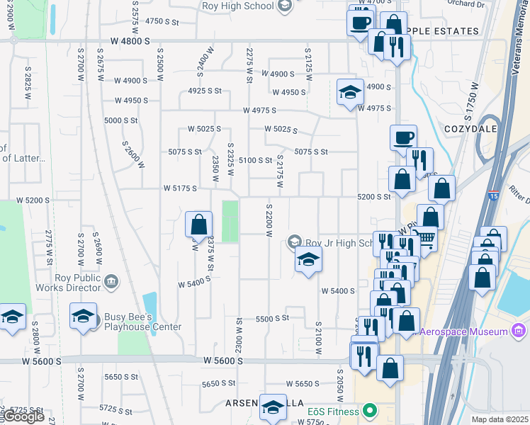 map of restaurants, bars, coffee shops, grocery stores, and more near 5243 South 2200 West in Roy