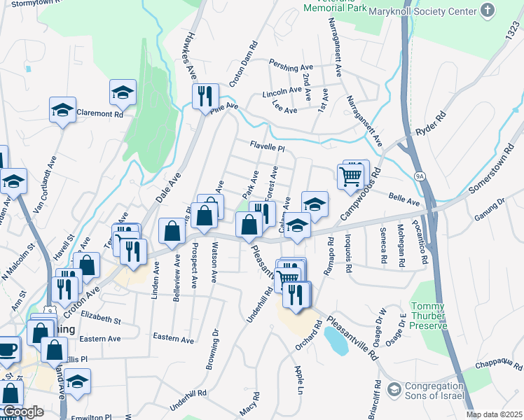 map of restaurants, bars, coffee shops, grocery stores, and more near 22 Park Avenue in Ossining