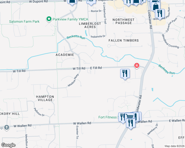 map of restaurants, bars, coffee shops, grocery stores, and more near 118 East Till Road in Fort Wayne