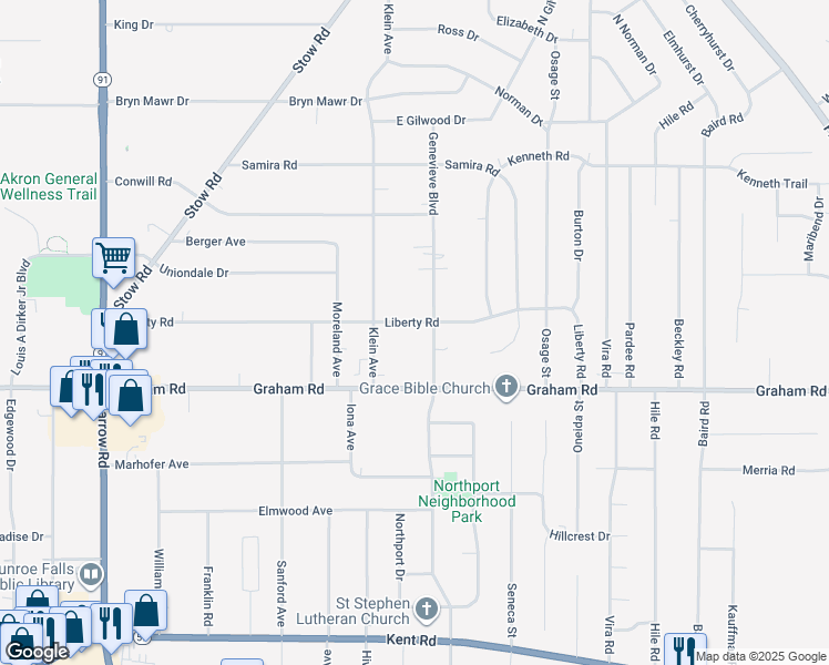 map of restaurants, bars, coffee shops, grocery stores, and more near 2205 Liberty Road in Stow