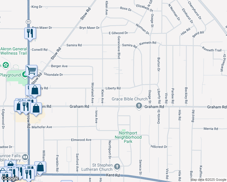 map of restaurants, bars, coffee shops, grocery stores, and more near 2198 Liberty Road in Stow