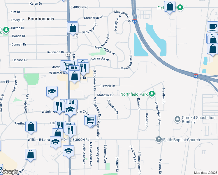 map of restaurants, bars, coffee shops, grocery stores, and more near 270 Curwick Drive in Bourbonnais