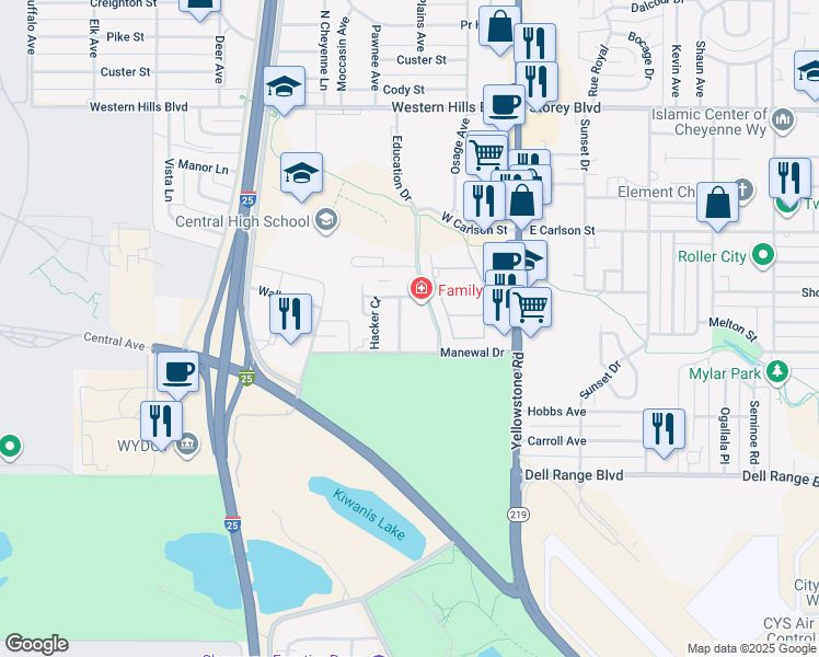 map of restaurants, bars, coffee shops, grocery stores, and more near 5325 Akes Drive in Cheyenne