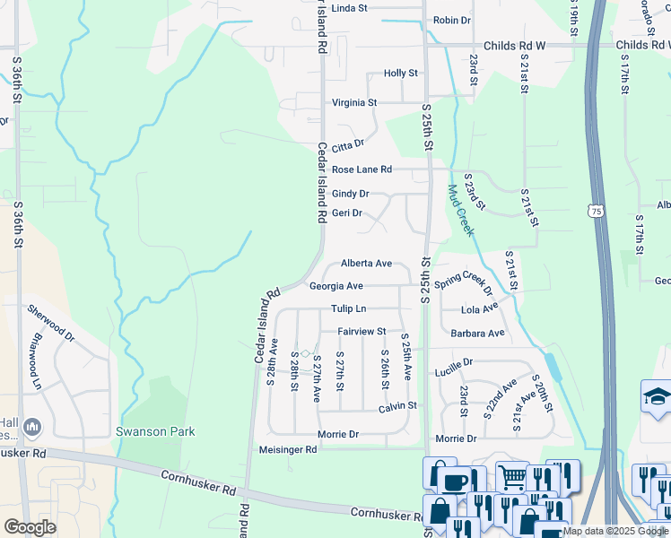 map of restaurants, bars, coffee shops, grocery stores, and more near 2705 Alberta Avenue in Omaha