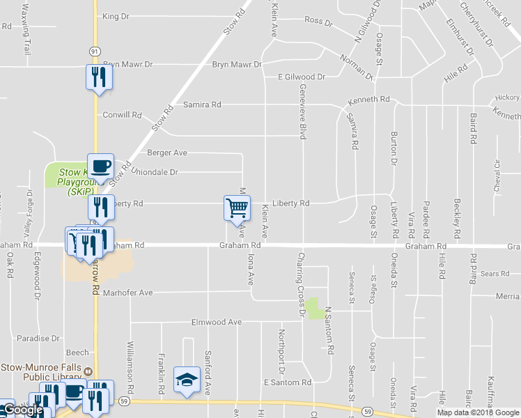 map of restaurants, bars, coffee shops, grocery stores, and more near 3892 Klein Avenue in Stow