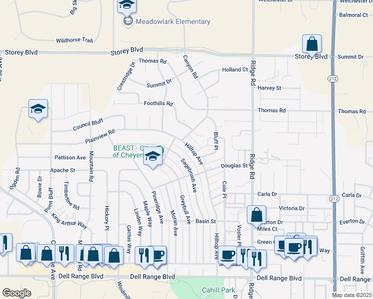 map of restaurants, bars, coffee shops, grocery stores, and more near 5429 Hilltop Avenue in Cheyenne