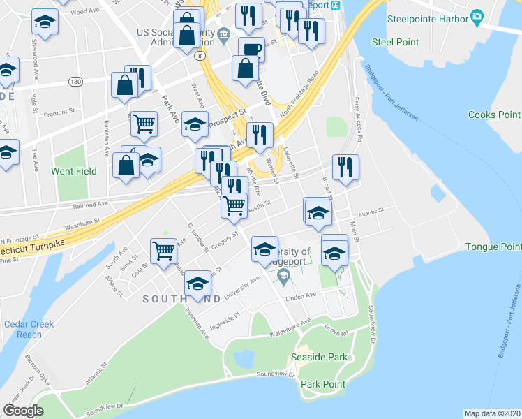 map of restaurants, bars, coffee shops, grocery stores, and more near 275 Warren Street in Bridgeport