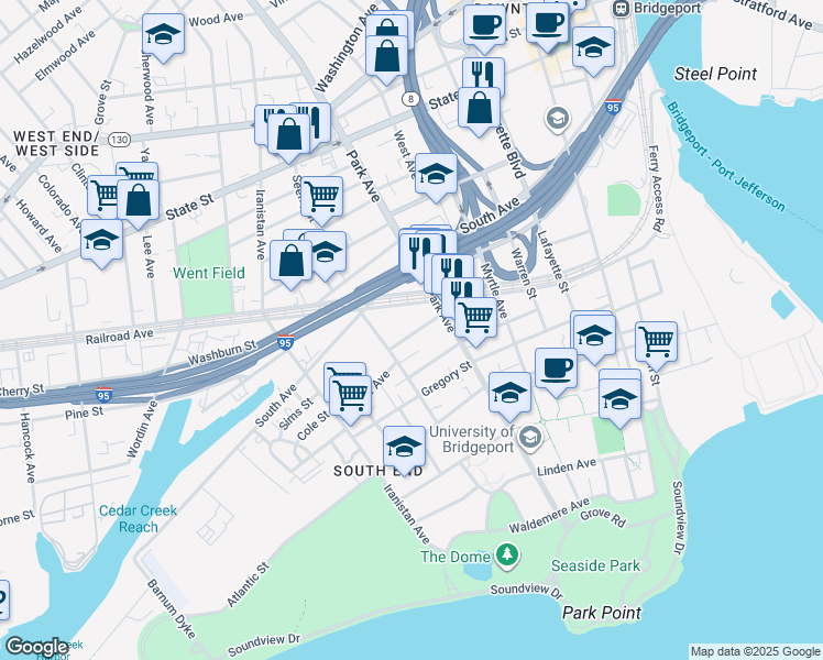 map of restaurants, bars, coffee shops, grocery stores, and more near 50 Johnson Street in Bridgeport
