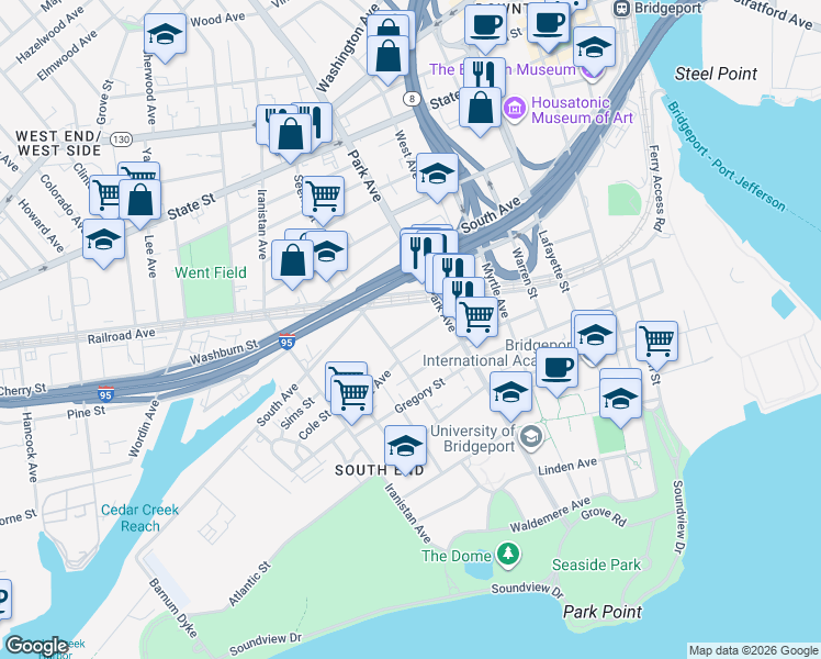 map of restaurants, bars, coffee shops, grocery stores, and more near 50 Johnson Street in Bridgeport