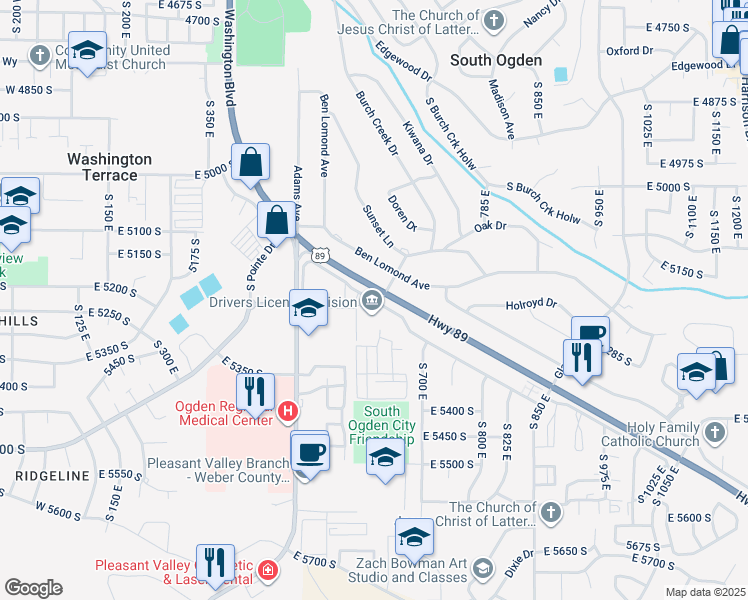 map of restaurants, bars, coffee shops, grocery stores, and more near 615 East 5300 South in Washington Terrace