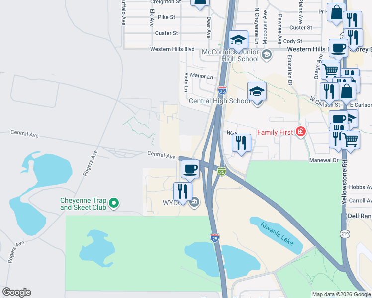 map of restaurants, bars, coffee shops, grocery stores, and more near 5400 Bishop Boulevard in Cheyenne