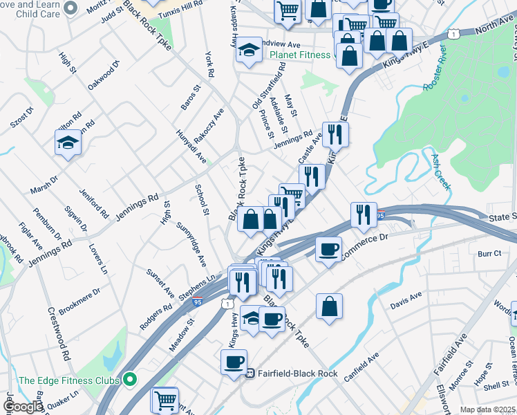 map of restaurants, bars, coffee shops, grocery stores, and more near 46 Finn Street in Fairfield
