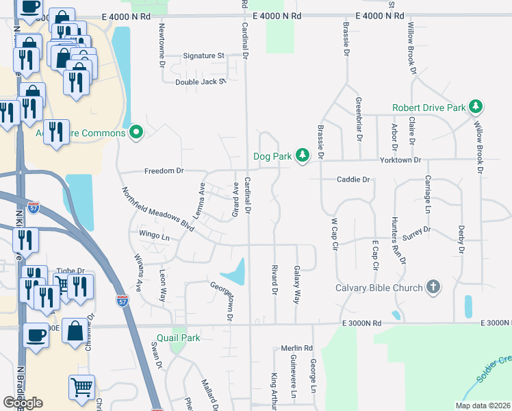 map of restaurants, bars, coffee shops, grocery stores, and more near 1614 North 2000E Road in Bourbonnais
