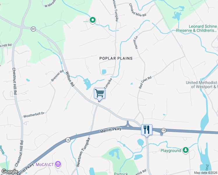 map of restaurants, bars, coffee shops, grocery stores, and more near 98 Newtown Turnpike in Westport