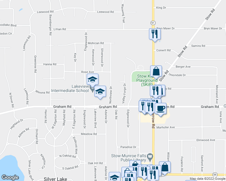 map of restaurants, bars, coffee shops, grocery stores, and more near 3747 Northview Drive in Stow