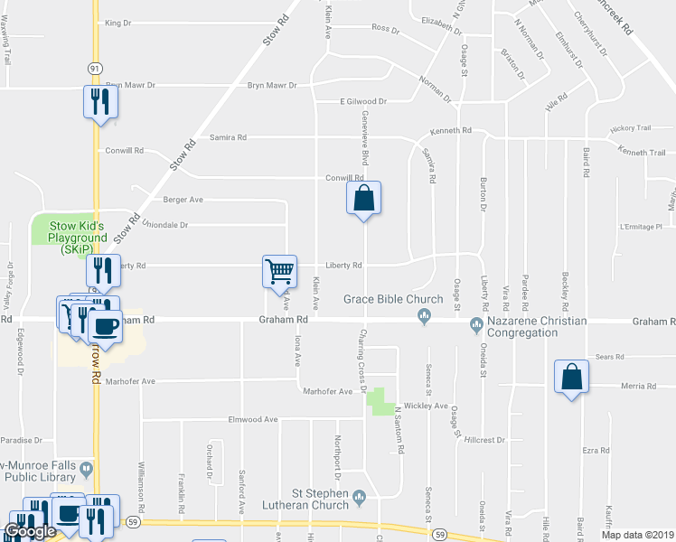 map of restaurants, bars, coffee shops, grocery stores, and more near 2204 Liberty Road in Stow