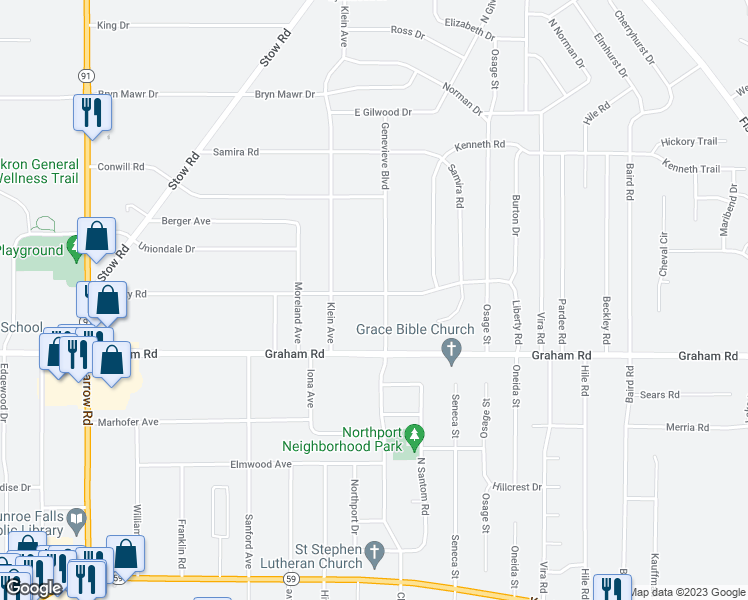 map of restaurants, bars, coffee shops, grocery stores, and more near 2236 Liberty Road in Stow