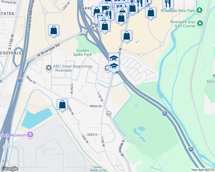 map of restaurants, bars, coffee shops, grocery stores, and more near 1057 5150 South Street in Riverdale