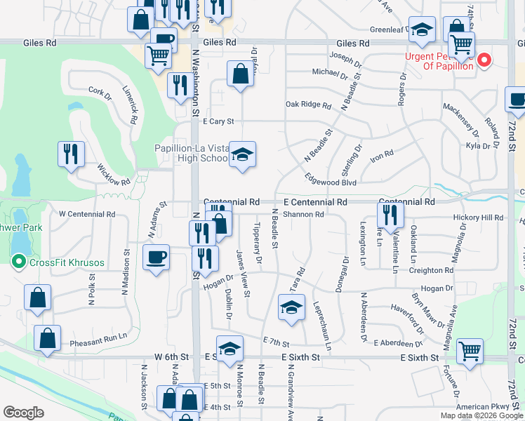 map of restaurants, bars, coffee shops, grocery stores, and more near 502 Shannon Road in Papillion