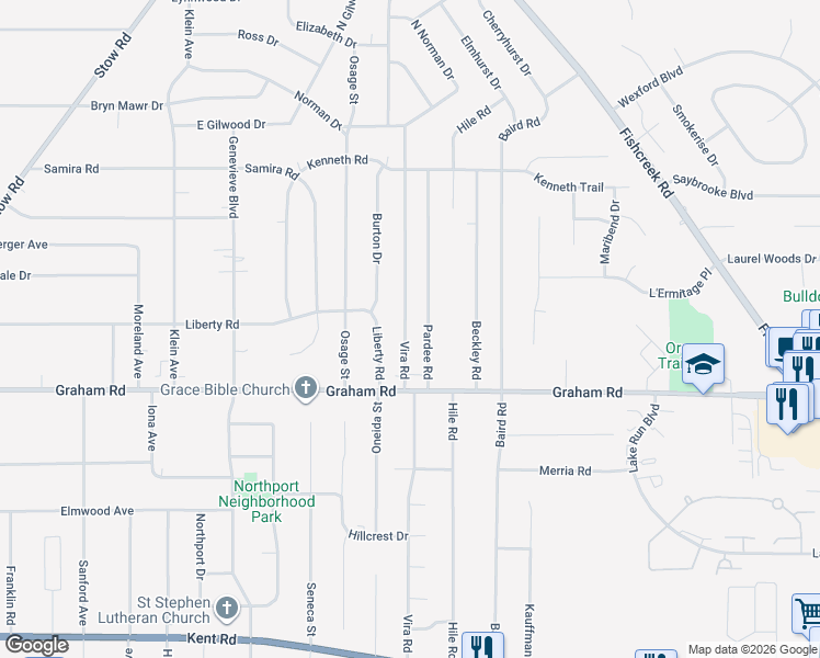 map of restaurants, bars, coffee shops, grocery stores, and more near 4047 Pardee Road in Stow